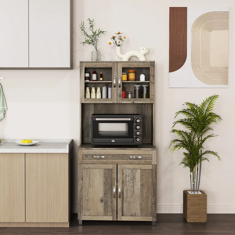 HOMCOM 67" Buffet with Hutch, Modern Kitchen Pantry, Freestanding Cabinet with Glass Doors, Shelves and Drawers, Gray