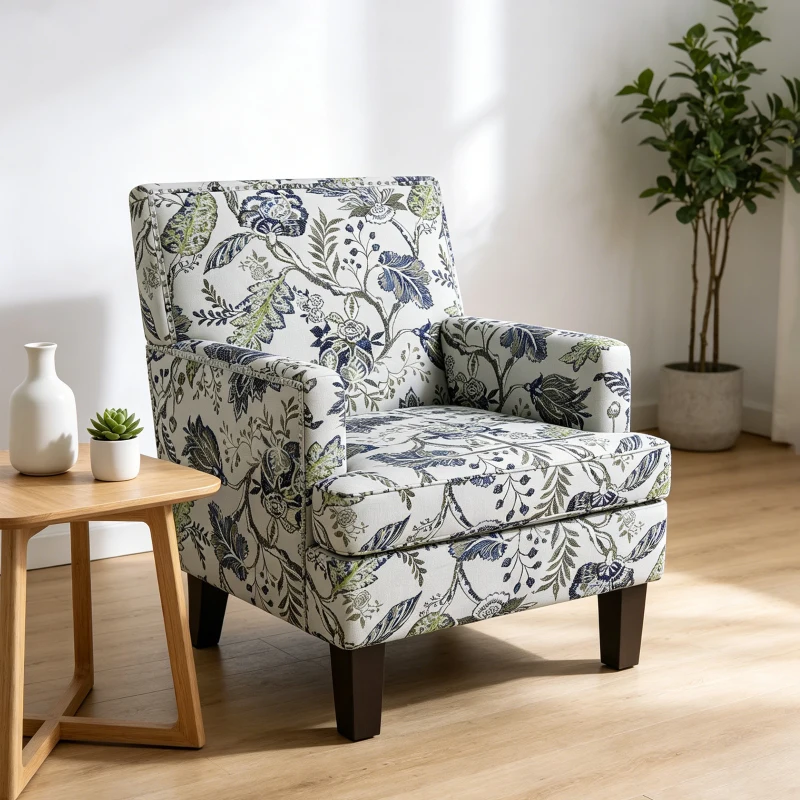 HOMCOM Upholstered Armchair, Mid-Century Accent Chair with Floral Pattern, Nailhead Trim for Living Room, Bedroom, Multicolour