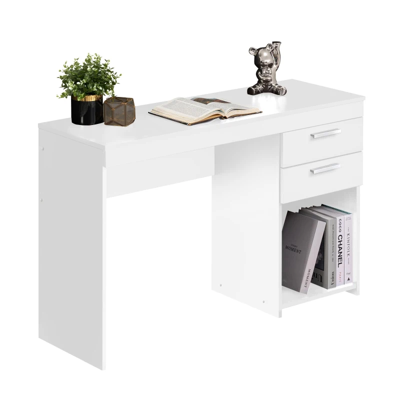 Contemporary White Workstation with Open Bottom Shelf, Modern Home Office Computer Writing Desk for Small Space, 47.5" L x 16" W x 30.5" H, White