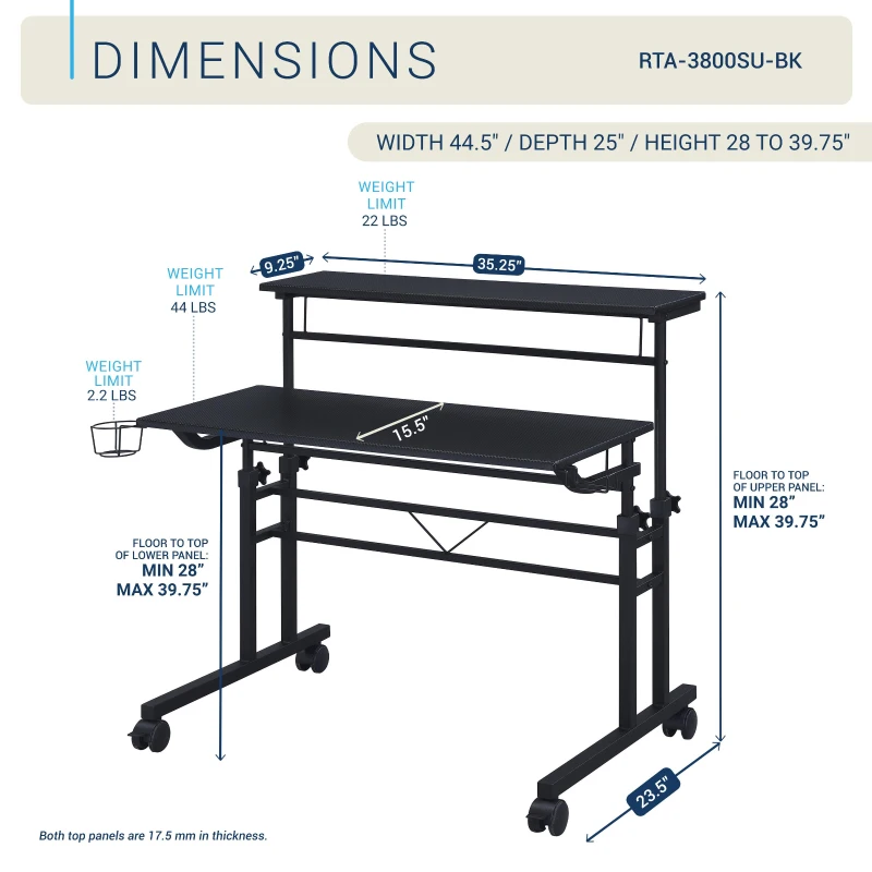 Mobile Writing Desk with Height Adjustment and Headphone Hook, Compact Worktable for Offices and Study Rooms, 35″ L x 23.5″ W x 28″ H, Black