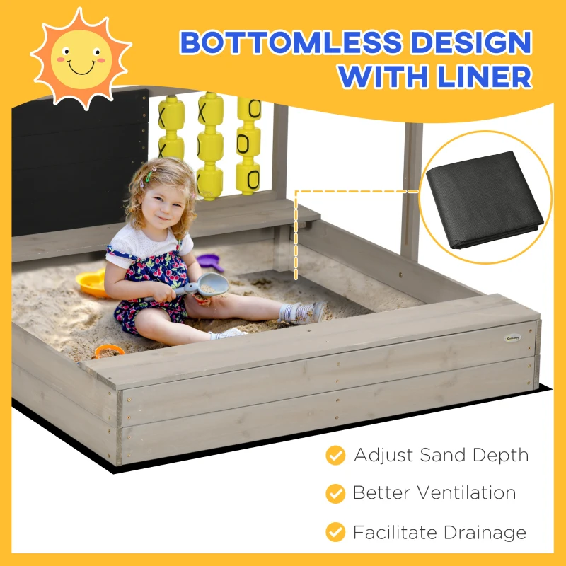 Outsunny Kids Sandbox with Canopy, Bench Seats Wooden Sand Pit, Backyard Toy with Chalkboard, Tic Tac Toe Game, Gift for Girls and Boys, Ages 3-7