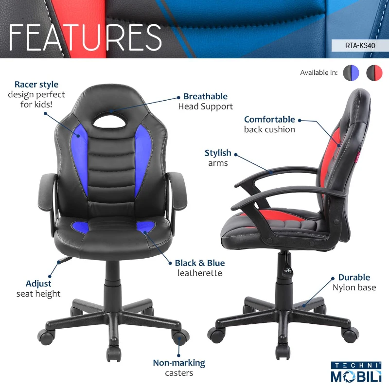 Sporty Gaming Chair with Pneumatic Height Adjustment and Non-Marking Casters, Perfect Racer-Style Chair for Kids, 21" L x 22" W x 35" H, Blue