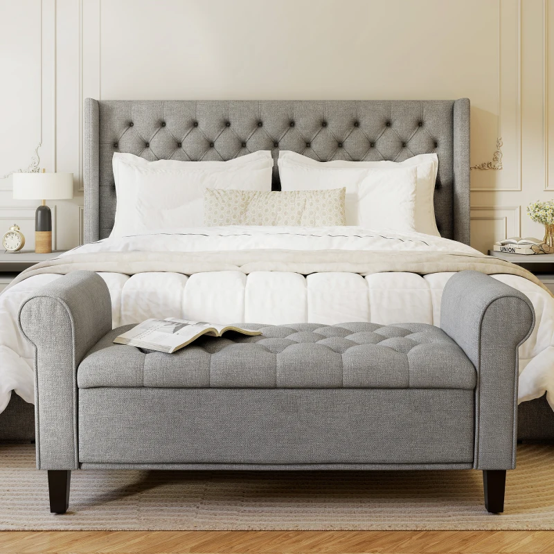 HOMCOM 50 Inches Storage Ottoman, End of Bed Bench with Rolled Arms, Wood Legs, Button Tufted Storage Bench, Gray