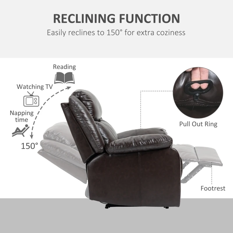 HOMCOM PU Leather Manual Recliner with Thick Padded Upholstered Cushion and Retractable Footrest, Brown