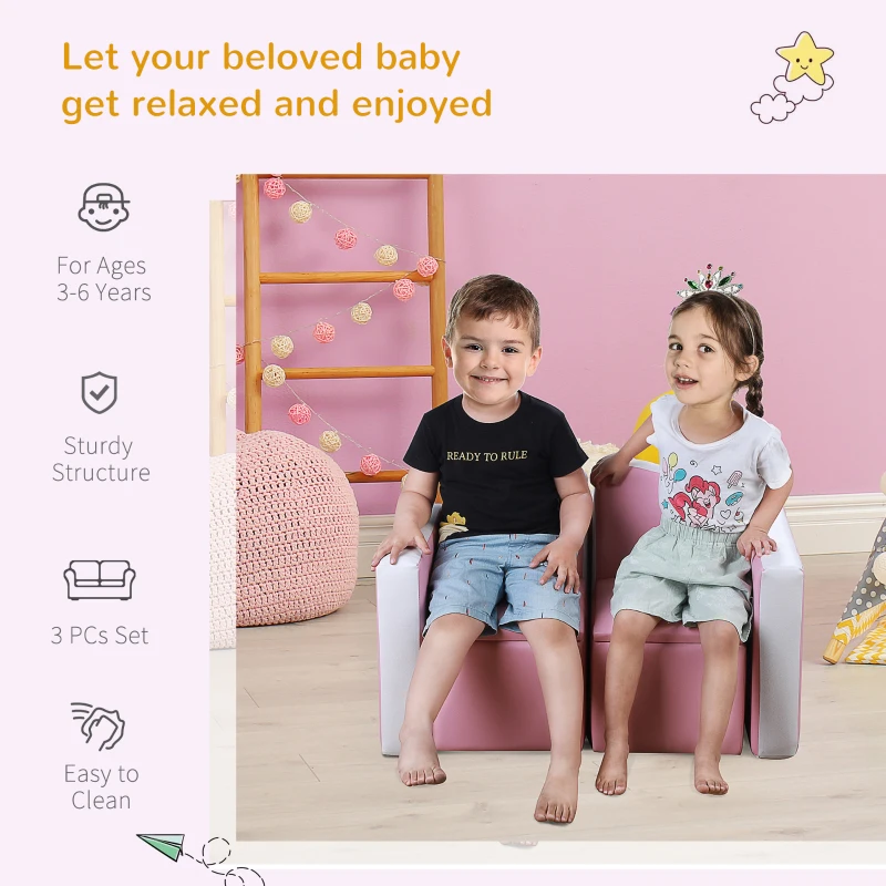 Qaba Kids Sofa Set 2-in-1 Multi-Functional Toddler Table Chair Set 2 Seat Couch Storage Box Soft Sturdy Pink