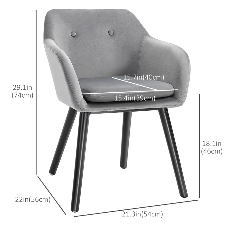 HOMCOM Modern Dining Chairs Set of 2, Kitchen Chairs Upholstered Fabric Velvet-Touch, Backrest and Armrests, Kitchen Counter Dining Room, Grey
