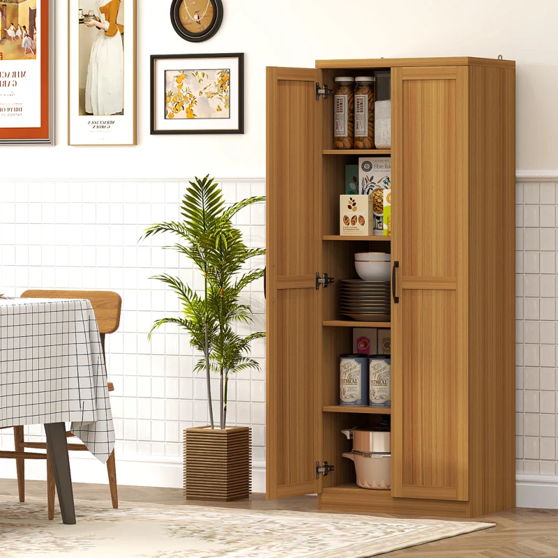 HOMCOM 63" 2-Door Kitchen Pantry, Freestanding Cabinet with 2 Adjustable Shelves for Dining Room, Cinnamon Teak Wood Grain