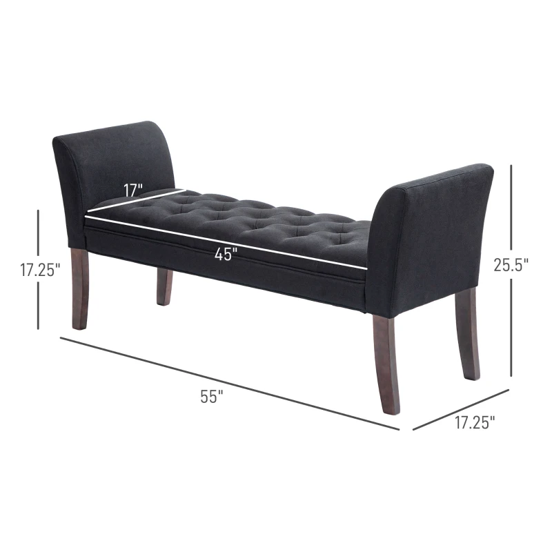 HOMCOM Upholstered Bedroom Entryway Bench with Button Tufted Design, End of Bed Bench with Arms and Solid Wood Legs, Black