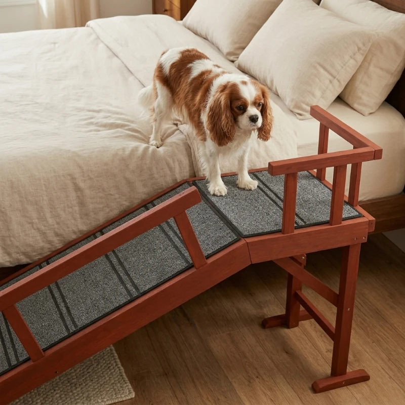 PawHut Wooden Dog Ramp with Removable Guardrails, Non-Slip Surface, 60" Long, Brown