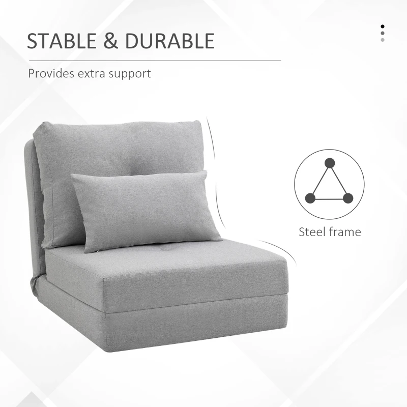 HOMCOM Folding Sofa Bed, Convertible Sleeper Chair with Adjustable Backrest, Metal Frame and Pillow, Upholstered Chair Bed Floor Sofa for Living Room Bedroom, Light Gray