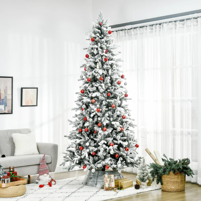 HOMCOM 9 Foot Pine Snow Flocked Artificial Christmas Tree with 616 Realistic Cedar Branches, Auto Open, Home Holiday Decoration, Green