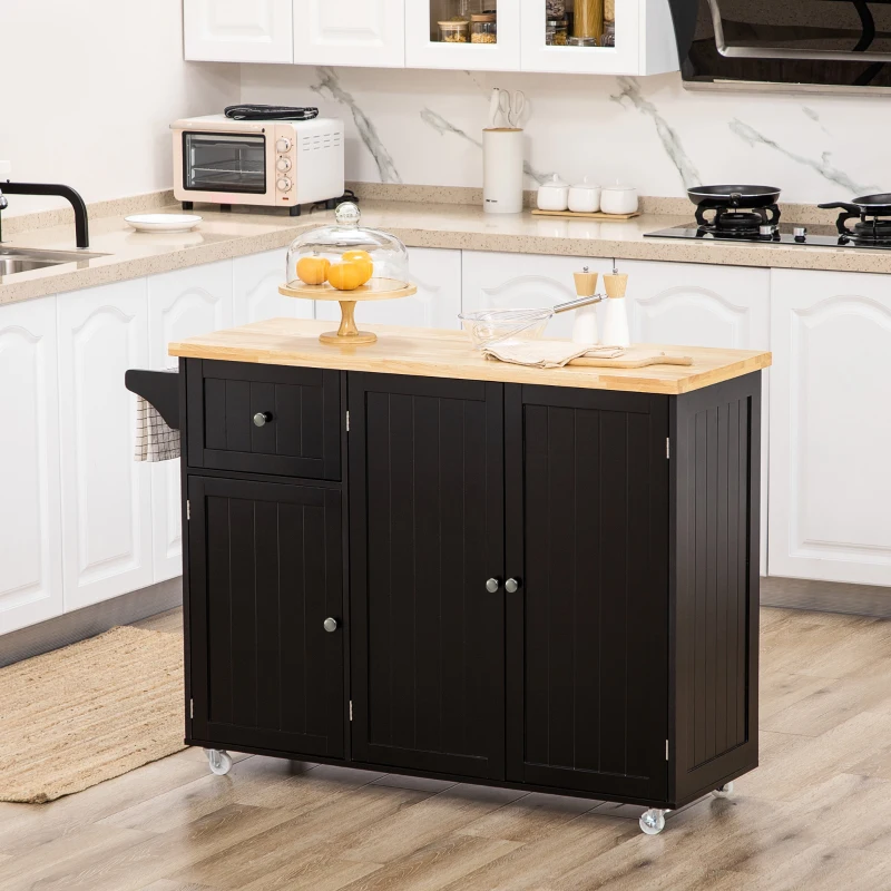 HOMCOM Triple-Cabinet Rolling Kitchen Island on Wheels, Kitchen Cart with Storage Shelf Adjustment, Rolling Utility Cart