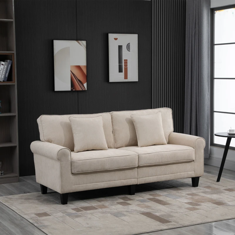 HOMCOM Modern 3 Seater Sofa, Corduroy Fabric 3 Seater Couch with Pine Wood Legs and Rolled Armrests for Living Room, Beige