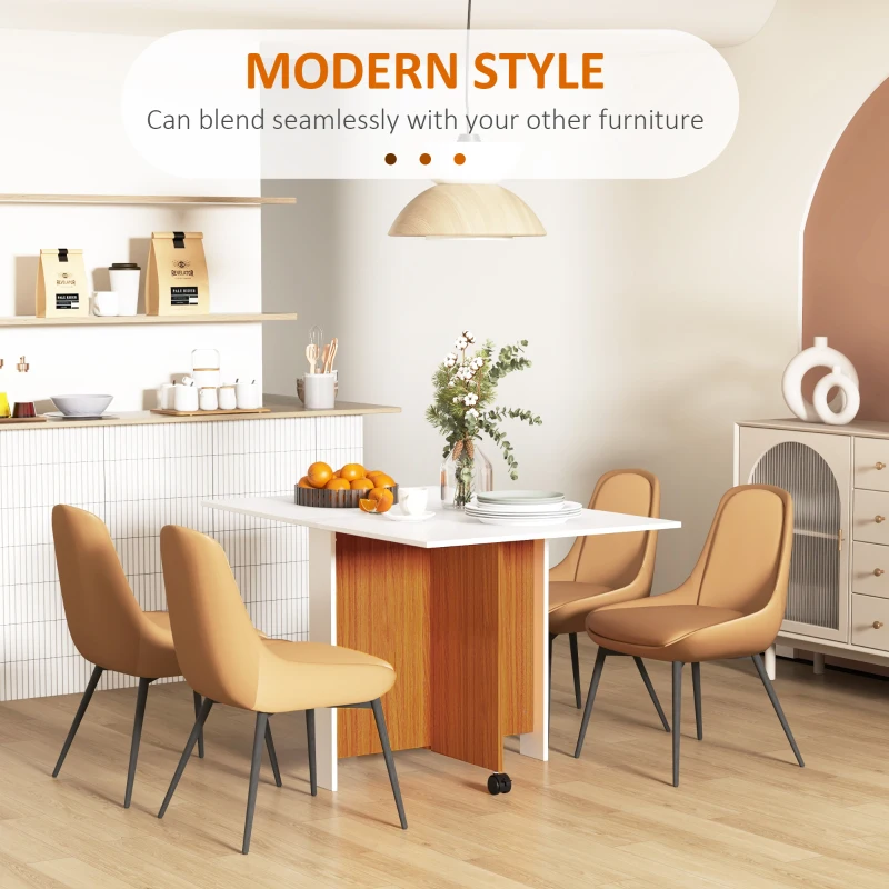 HOMCOM Foldable Dining Table, Drop Leaf Folding Side Table Console Writing Desk with 2 Wheels for Kitchen, Dining Room, Teak, White