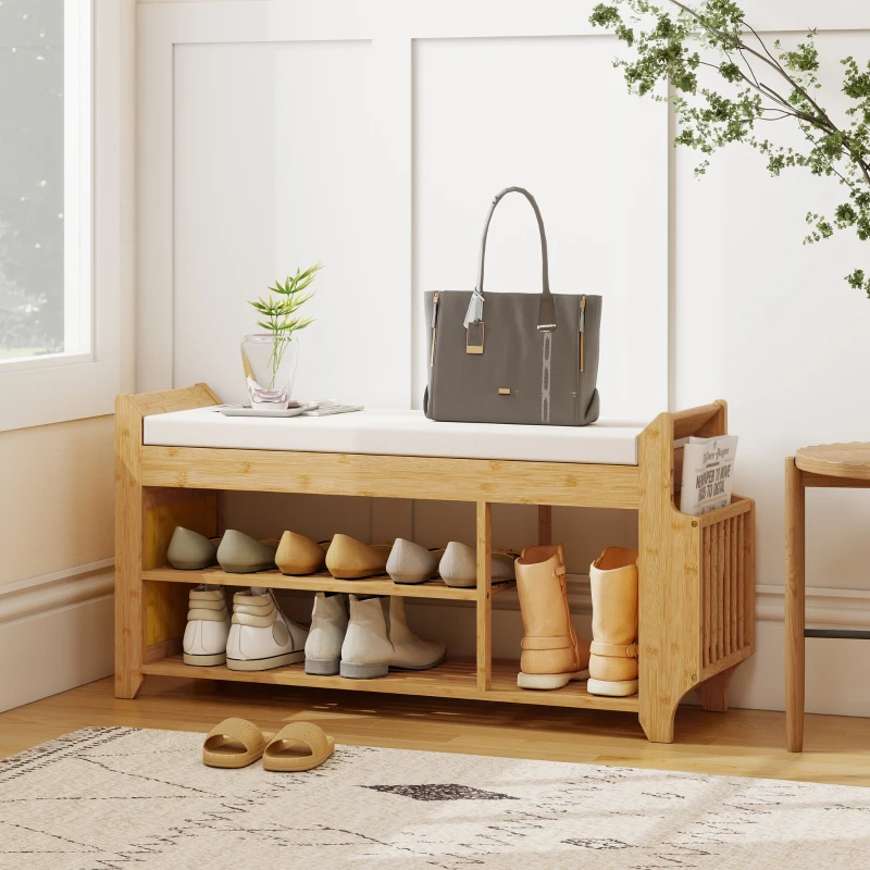 HOMCOM Shoe Bench with Cushioned Seat Shoe Storage Bench with Side Umbrella Holder for Entryway Natural and Cream