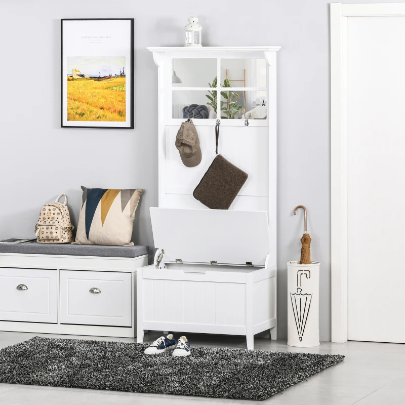 HOMCOM Coat Rack Shoe Bench with Storage 4 In 1 Hall Tree for Entryway Hallway Organizer with Cabinet 3 Hooks Mirrors White