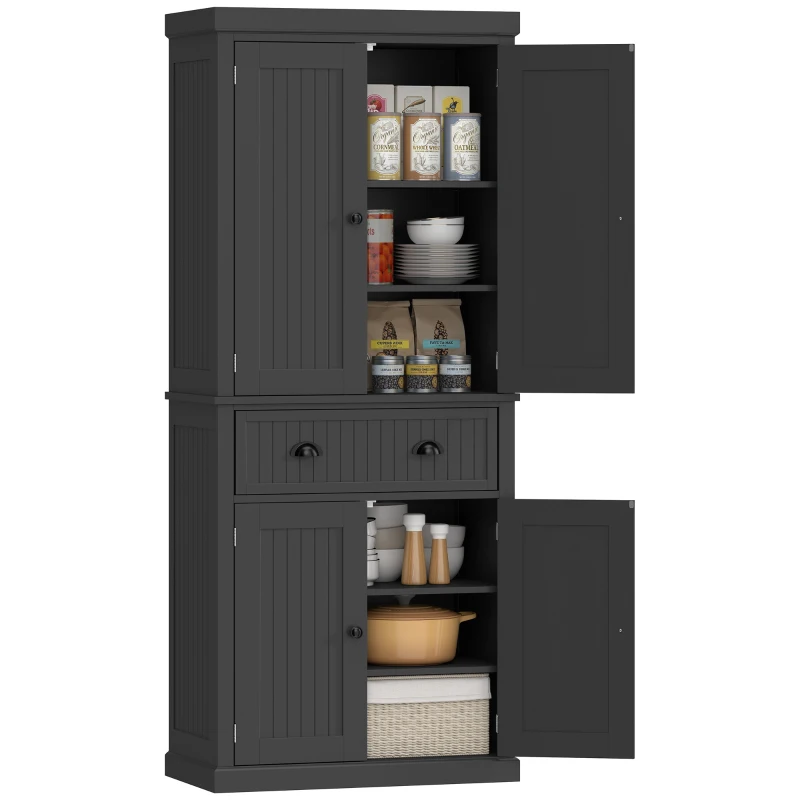 HOMCOM 72" Tall Kitchen Pantry Cabinet, Modern Buffet Storage Cabinet with 4 Beadboard Doors, Drawer and Adjustable Shelves, Black