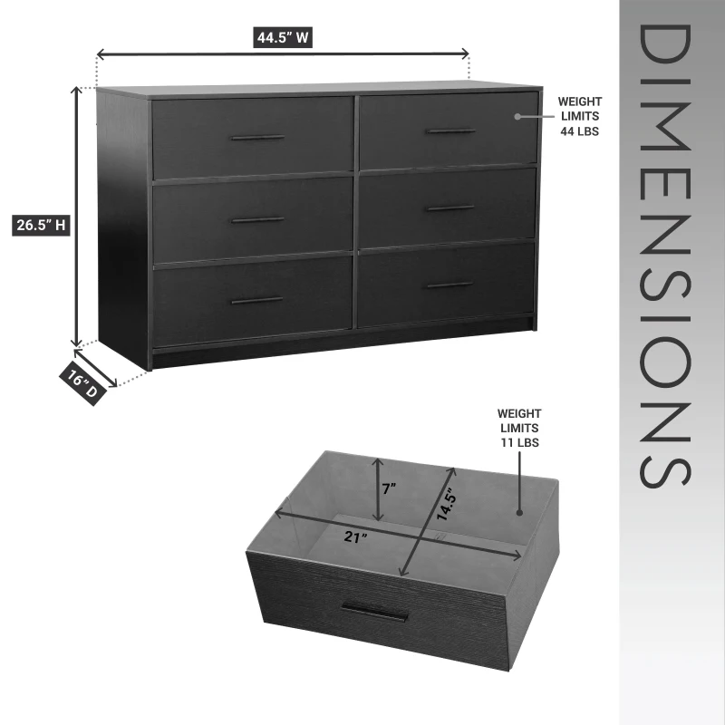 Versatile 6-Drawer Dresser with Water-Resistant Top, Ideal Storage Chest for Bedrooms, Playrooms, Entryways, 44.5" L x 16" W x 26.5" H, Black