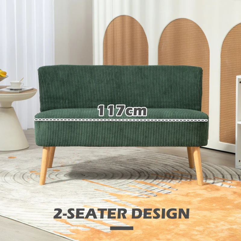 HOMCOM Modern 2 Seater Sofa, Upholstered Two Seater Couch with Rubber Wood Legs, Green