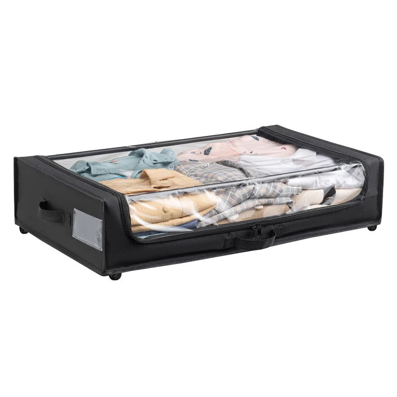 Compact 2 Under-Bed Storage Containers with Transparent Cover, Rolling Organizer Bins for Bedrooms, 28" L x 16.5" W x 6.5" H, Black