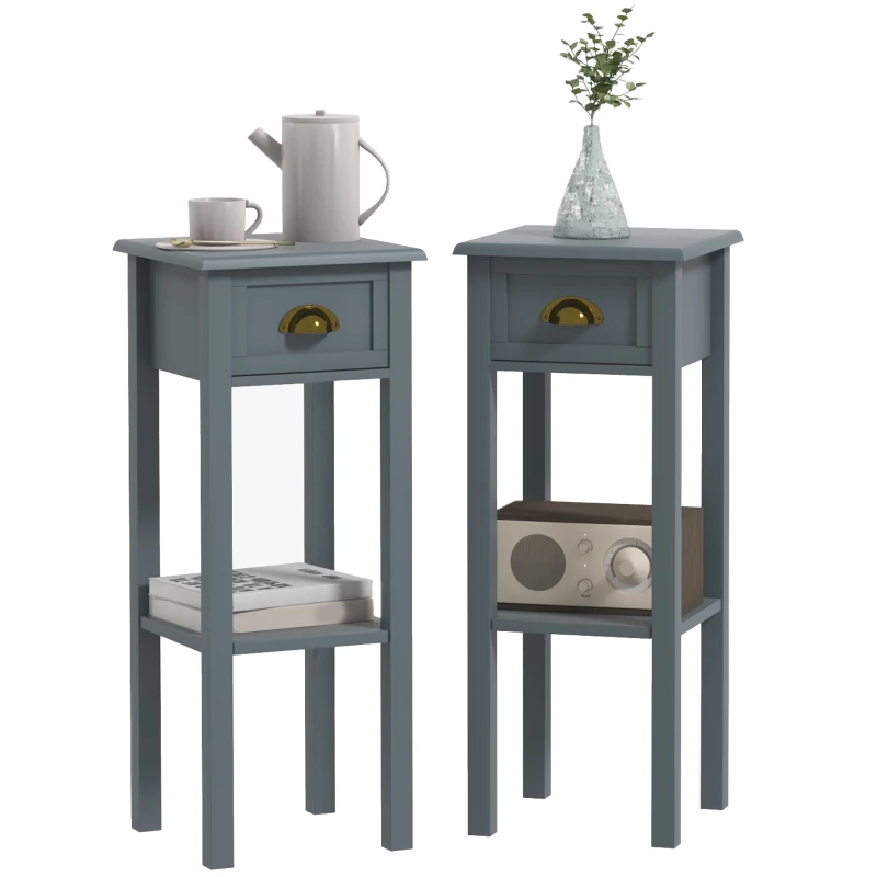 HOMCOM 2-Tier Side Tables Set of 2 with Drawer and Shelf, 2 Pieces End Tables for Living Room and Hallway, Gray