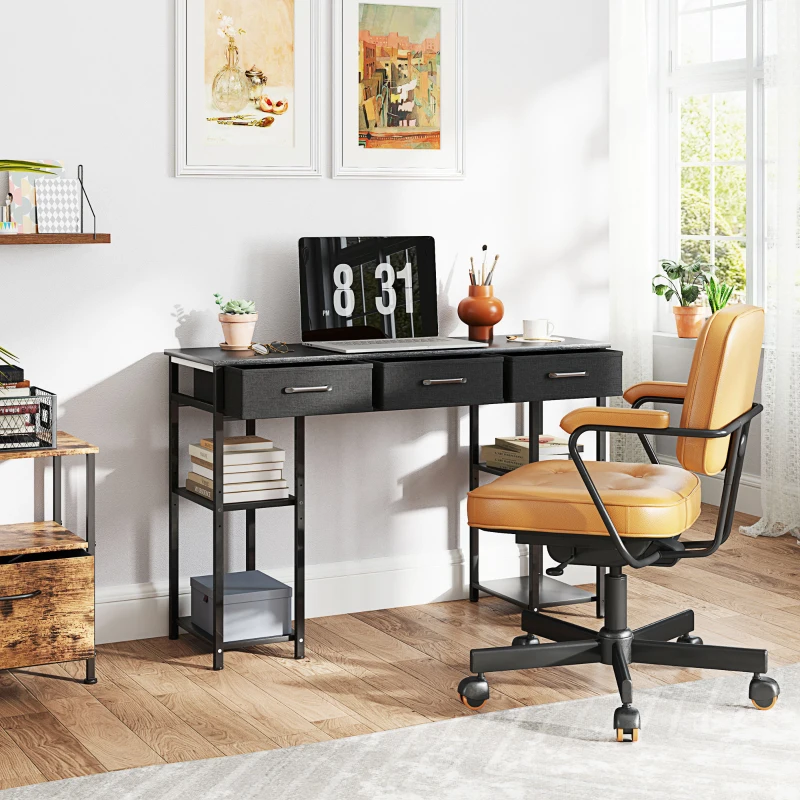 HOMCOM 47" Small Computer Desk, Writing Desk with Fabric Drawers, Home Office Desk with Adjustable Shelves, Black