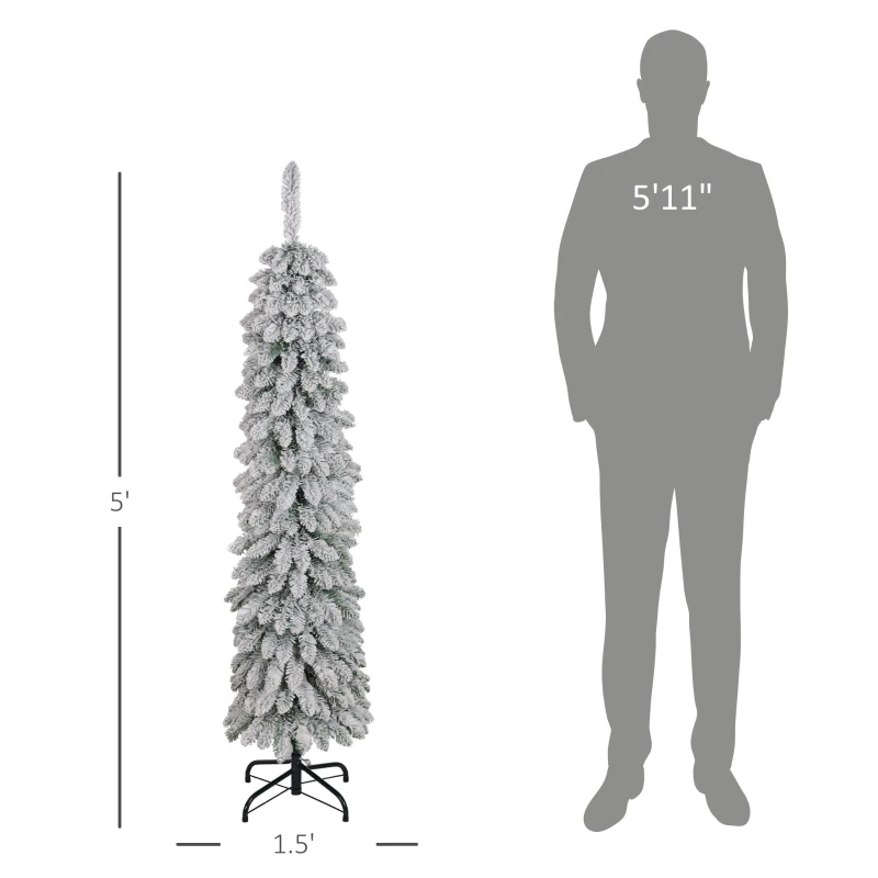 HOMCOM 5' Tall Unlit Slim Pencil Xmas Tree, Snow-Flocked Artificial Christmas Tree with Realistic Branches and 301 Tips, Green