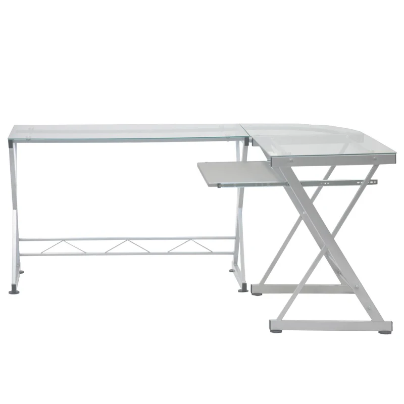 Sleek L-Shaped Computer Desk with Tempered Glass Top, Reversible Corner Workstation Table for Home Office, 61.5" L x 45" W x 29.5" H, Clear