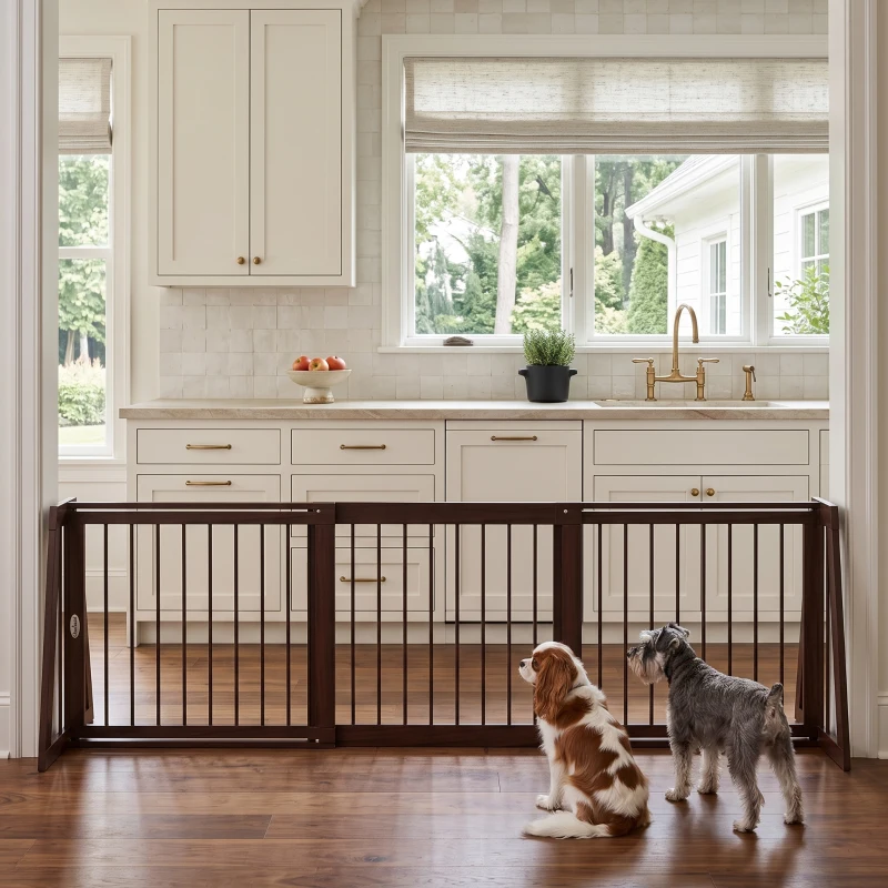 PawHut 28"-75" Freestanding Wooden Pet Gate with Support Feet & Non-Slip Mats for Indoor, Stairway, Doorway, Brown