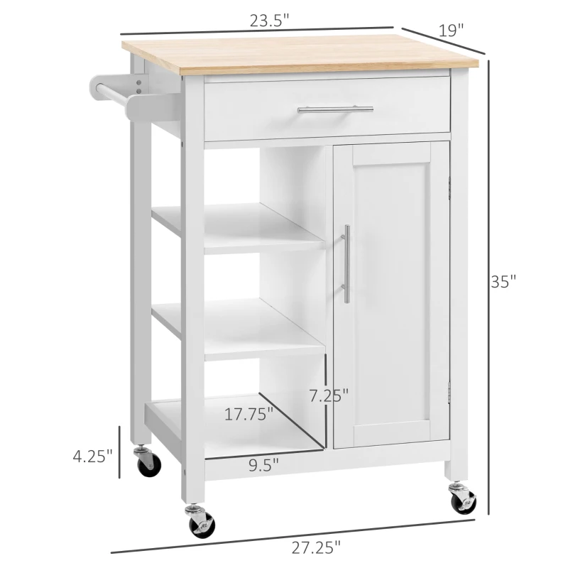HOMCOM Kitchen Island Cart, Rolling Kitchen Island with Storage Shelf, Solid Wood Top, Drawer, for Dining Room, White