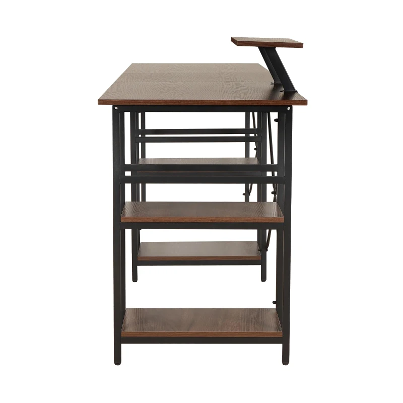 Industrial L-Shaped Desk with Raised Monitor Stand and Open Shelves, Modern Corner Computer Workstation for Home Office, 59" L x 59" W x 35" H, Walnut