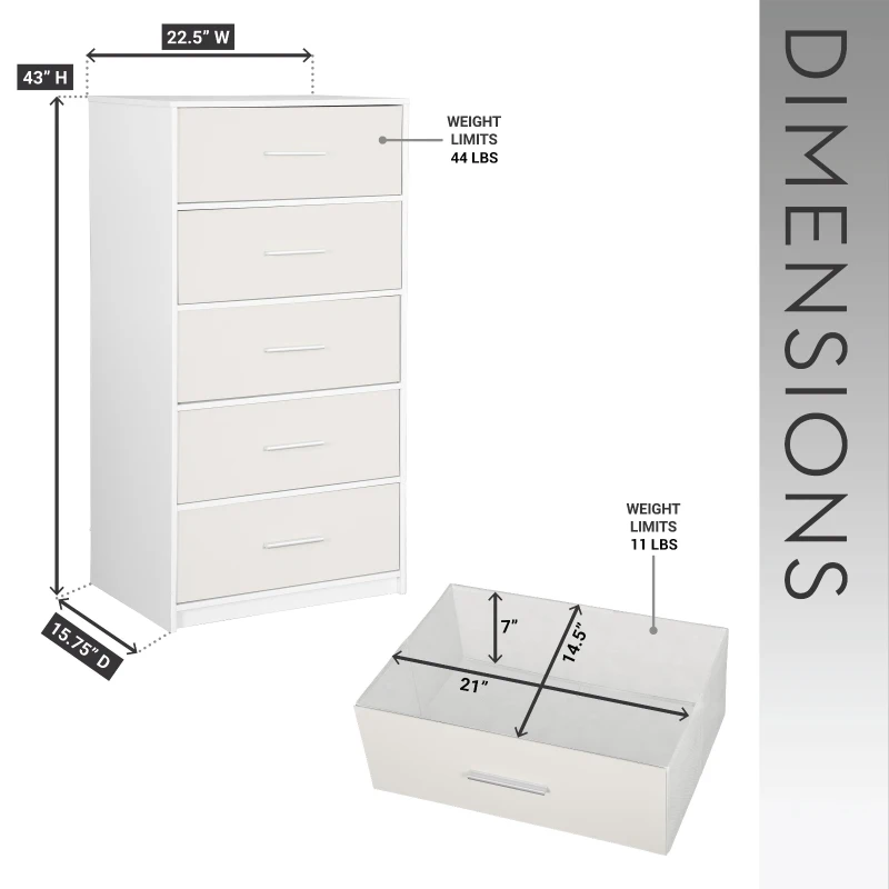 Spacious 5-Drawer Dresser with Water-Resistant Top, Ideal Storage Chest for Bedrooms, Playrooms, Entryways, 22.5" L x 15.5" W x 43" H, White
