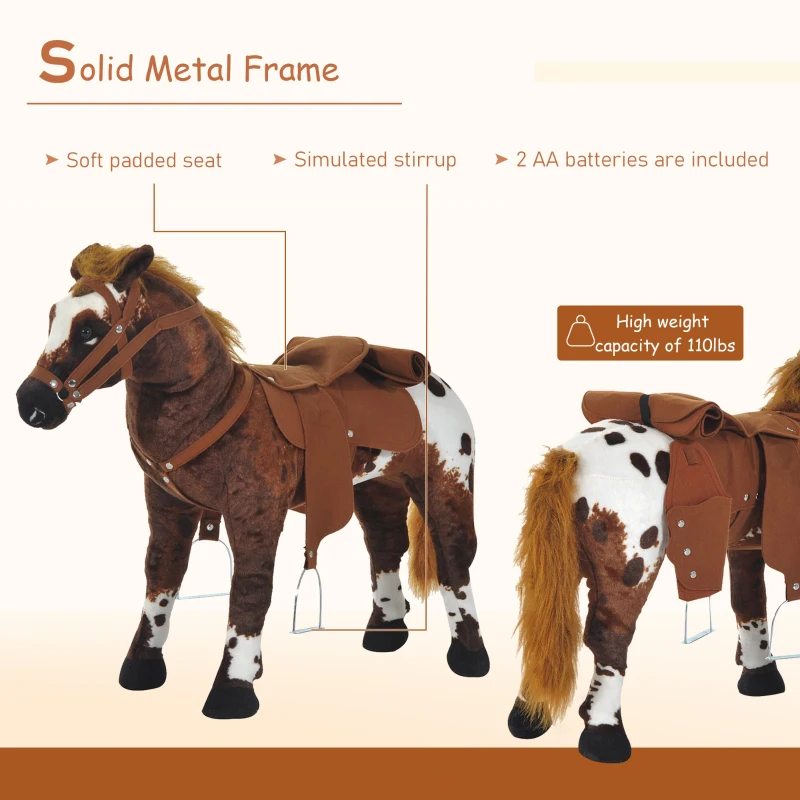 Qaba Standing Ride on Horse, Plush Pony Toy for Kids with Neighing Sound, Soft Padding, for Cowboy Cowgirl Aged 3-8 Years Old, Brown