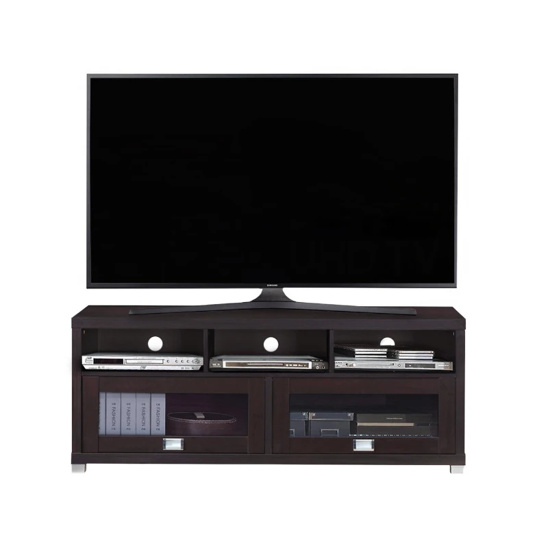 Sleek Durbin TV Stand with Glass Panel Cabinets and Cable Management, Modern Media Sideboard Cabinet for Living Room, 57" L x 15" W x 23" H, Espresso