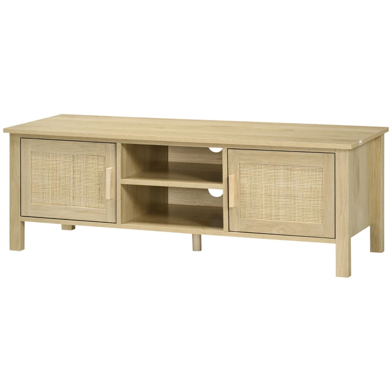 HOMCOM Boho TV Stand for 60 Inch Television, Entertainment Center with Rattan Door, Adjustable Shelf, and Storage Cabinets, Wood TV Console Cabinet for Living Room, Bedroom, Natural Wood