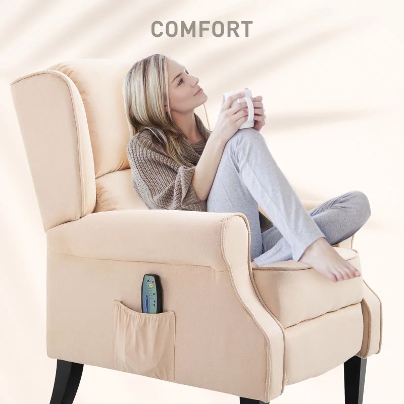 HOMCOM Recliner Chair for Living Room, Wingback Single Sofa with Vibration Massage, Heat, Push Back, Cream White