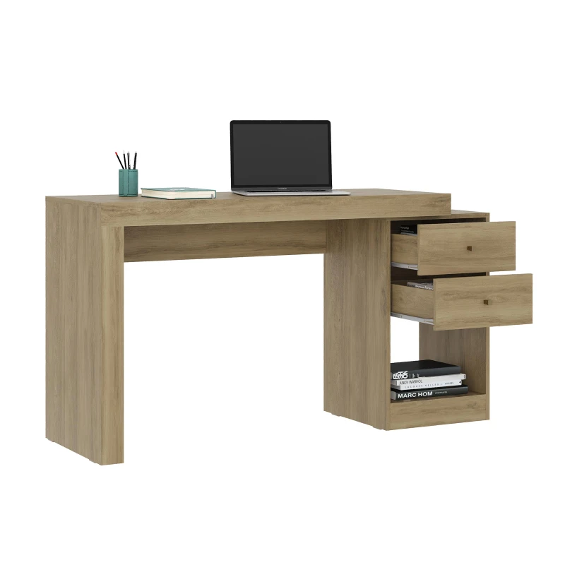 Sleek Expandable Desk with 2 Drawers and Open Bottom Shelf, Modern Home Office Computer Writing Table for Apartment, 47.5" L x 18" W x 29.5" H, Brown