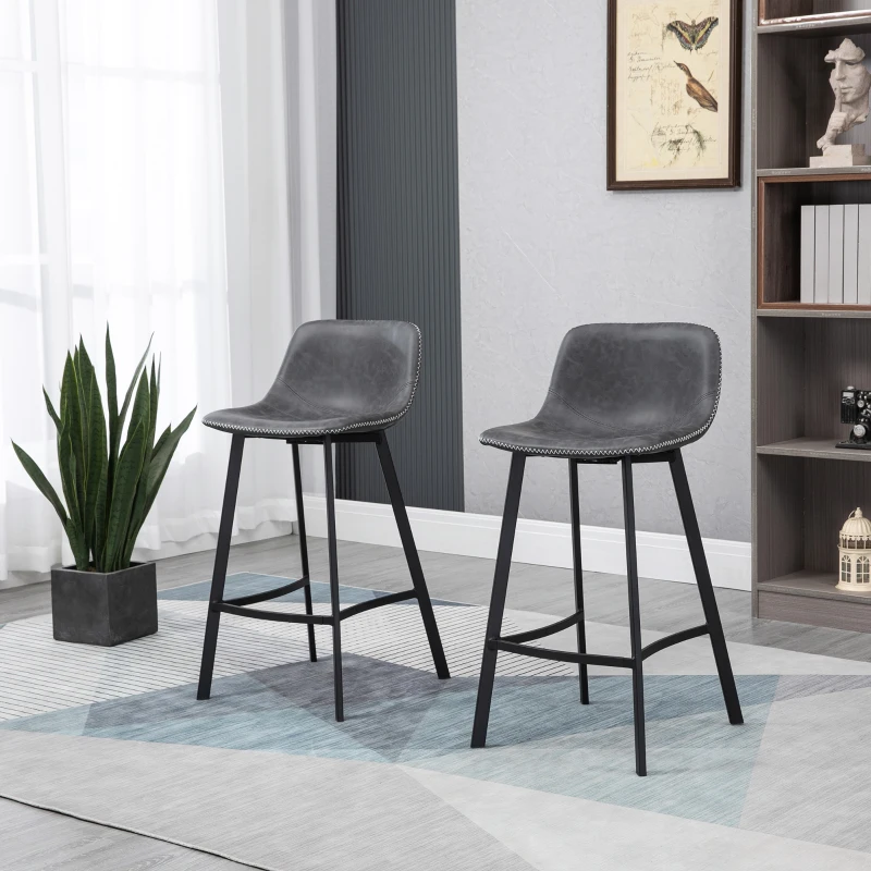 HOMCOM 27.25" Counter Height Bar Stools, Industrial Kitchen Stools, Upholstered Armless Bar Chairs with Back, Steel Legs, Set of 2, Gray
