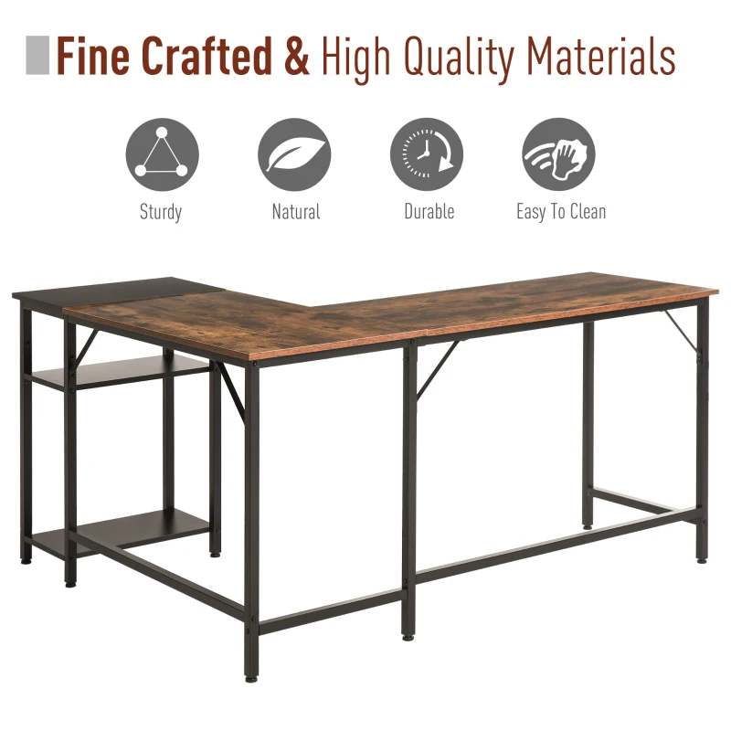 HOMCOM L-Shaped Computer Desk, Industrial Corner Desk with Adjustable Storage Shelf, CPU Tower Stand, Wood Grain Surface