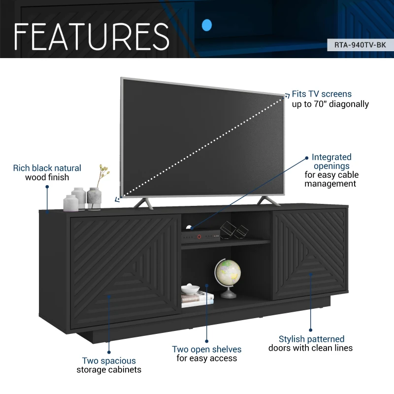 Sleek Modern TV Stand with Patterned Storage Doors, Contemporary Media Entertainment Console for Living Room, 63" L x 14" W x 21.5" H, Black
