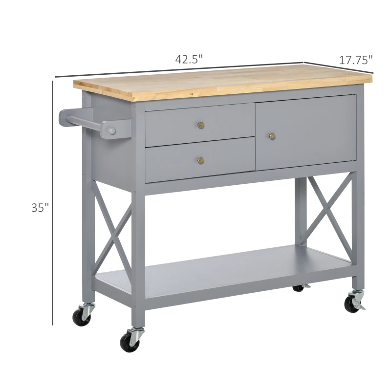 HOMCOM Rolling Kitchen Island Cart, Utility Trolley Cart with 2 Drawers, Towel Rack, Gray