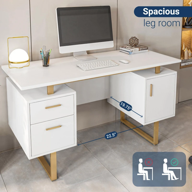 Modern White Desk with 2 Storage Drawers and Cabinet, Sleek Floating Desktop Computer Writing Table for Home Office, 51" L x 23.5" W x 30" H, White