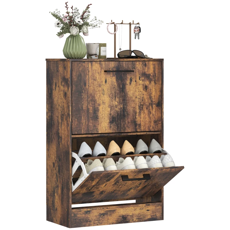 HOMCOM Shoe Cabinet 2 Flip Drawers Narrow Shoe Storage Unit Adjustable Dividers Entryway Hallway Rustic Brown