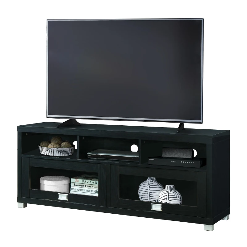 Sleek Durbin TV Stand with Glass Panel Cabinets and Cable Management, Modern Media Sideboard Cabinet for Living Room, 57" L x 15" W x 23" H, Black