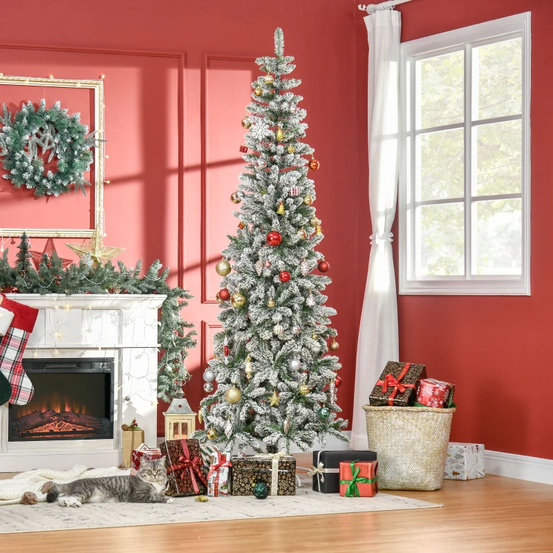 HOMCOM 7.5ft Unlit Snow-Flocked Slim Pine Artificial Christmas Tree with Realistic Branches and 668 Tips