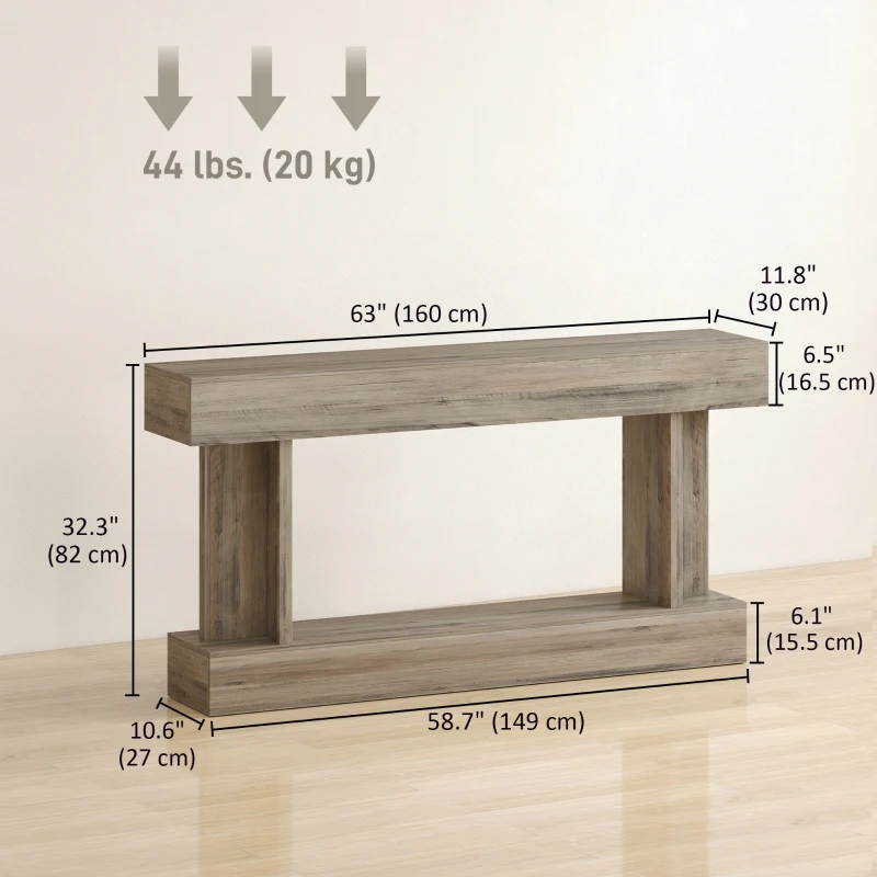 HOMCOM 63 Inch Long Console Table, Vintage Narrow Entryway Table with Storage Shelf for Living Room and Hallway, Light Brown
