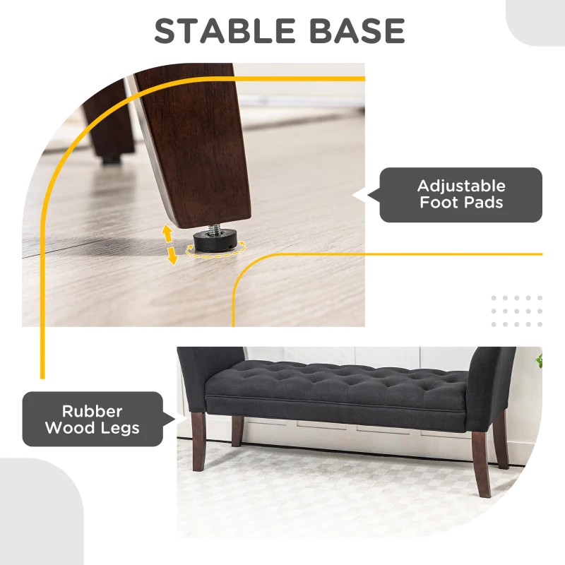 HOMCOM Upholstered Bedroom Entryway Bench with Button Tufted Design, End of Bed Bench with Arms and Solid Wood Legs, Black