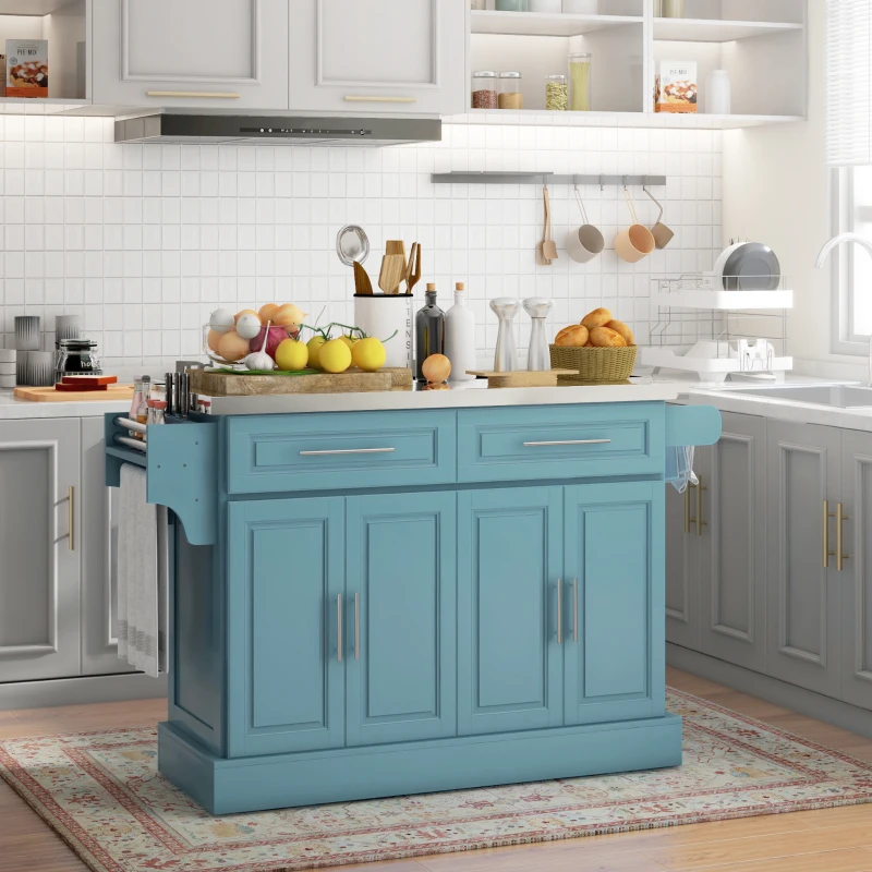HOMCOM Rolling Kitchen Island with Stainless Steel Top, 2 Drawers, Spice, Knife and Towel Rack and Cabinets, Teal Blue