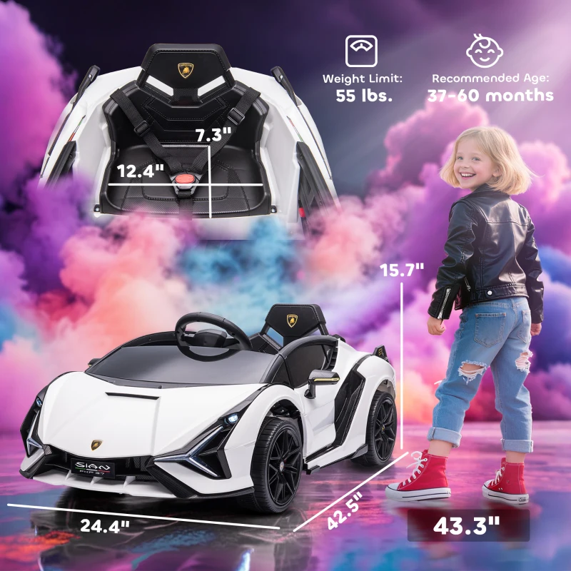 Aosom 12V Lamborghini SIAN Licensed Electric Car for kids with Remote Control, Horn, Music, & Headlights, White