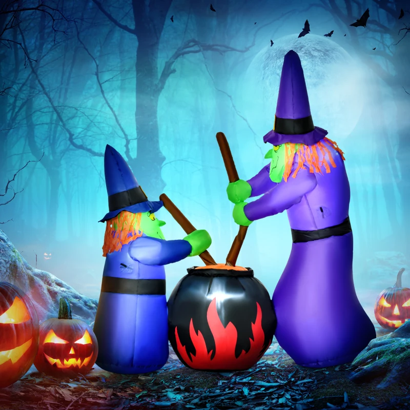HOMCOM 6' Halloween Inflatables Outdoor Decorations Witches With Cauldron LED Light, Blow Up LED Yard Decor for Garden, Lawn, Party, Holiday